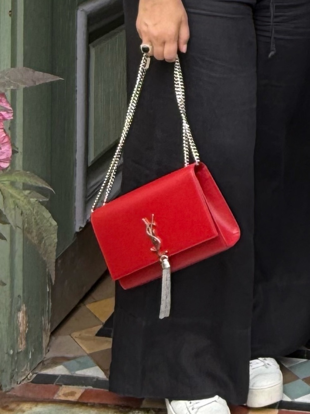 Red Leather with silver Chain Shoulder Bag with Tassel